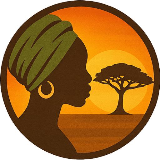 Imagem de uma mulher negra africana com um grande brinco dourado em forma de argola e com um envoltório verde típico africano na cabeça. Atrás de si está o pôr do sol laranja e, no fundo, uma acácia, típica árvore de origem africana.